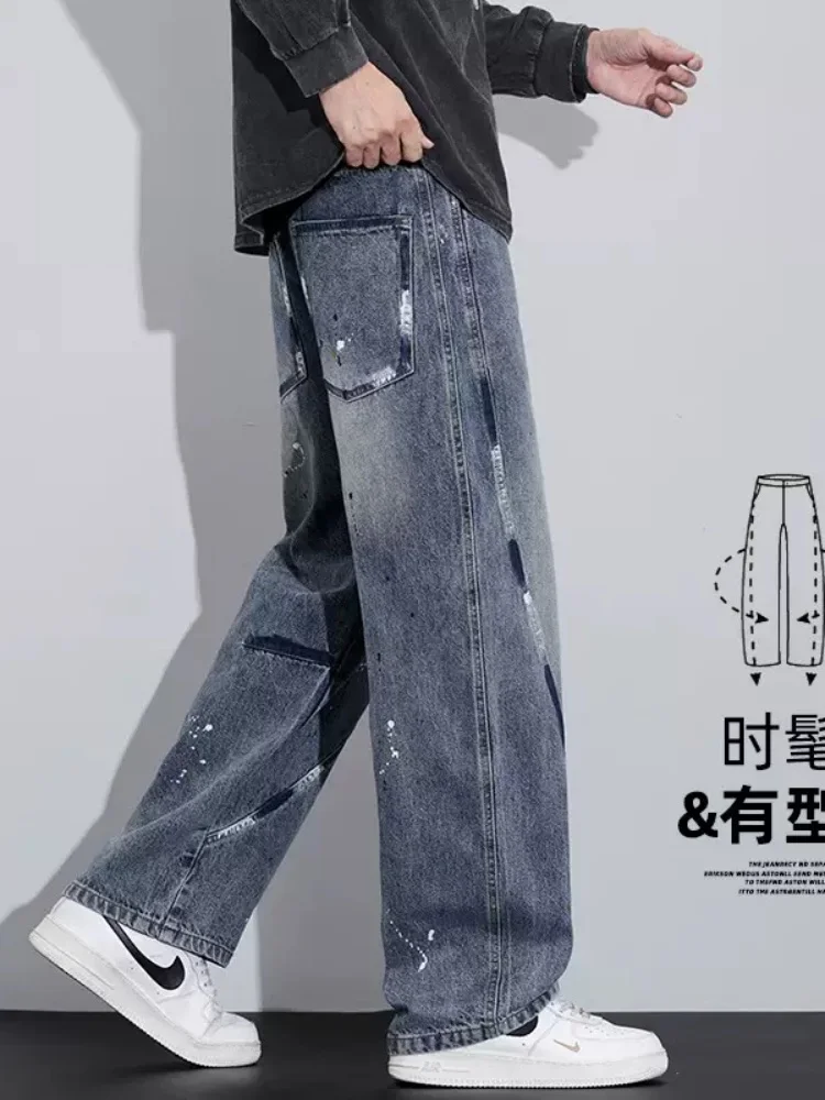 Spring and Autumn new fashion trendy printed straight-leg stretch jeans men's casual loose sports plus size high-quality pants