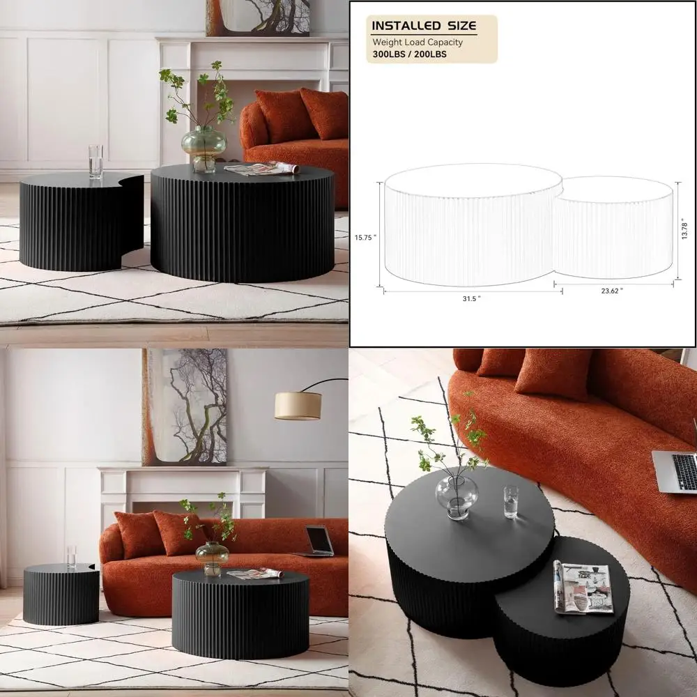 

William Space Modern Nesting Coffee Tables, Pair of Wooden Round and Crescent Moon Accent Tables for Living Room