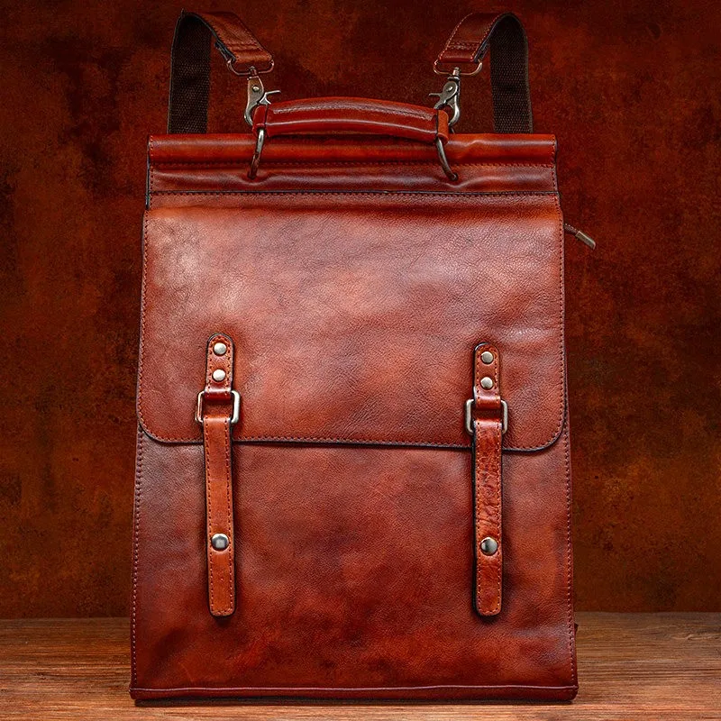 Vintage Trend Hand-Rubbed Genuine Leather Backpack, Casual Top-Grain Vegetable-Tanned Cowhide Travel Backpack