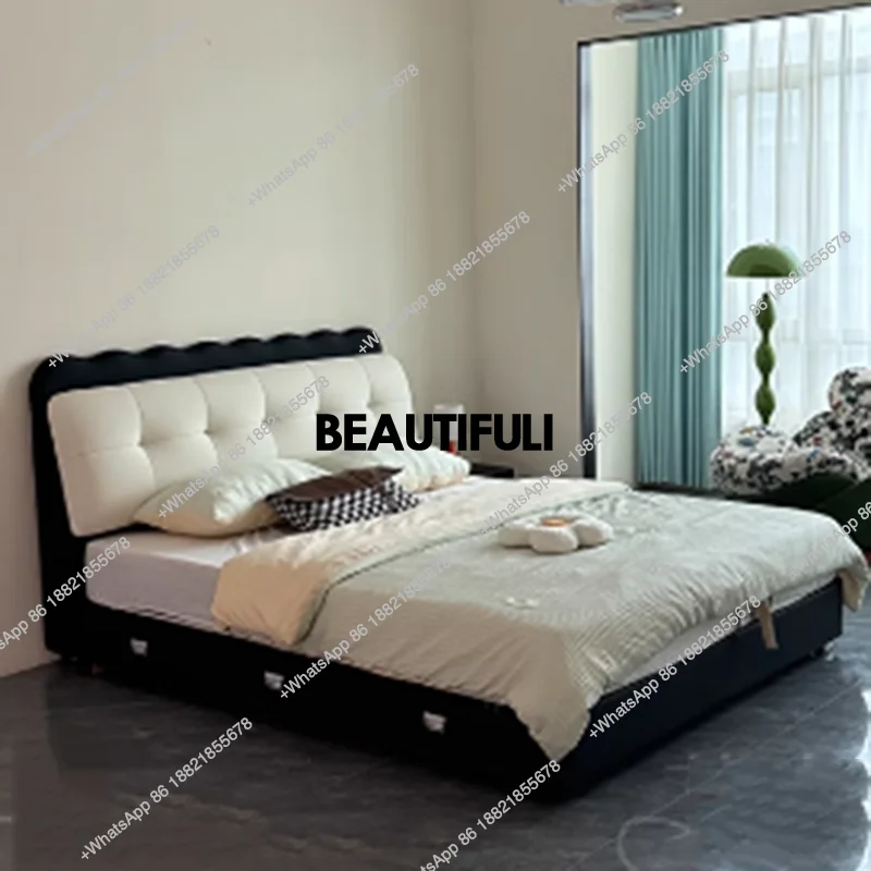 

Backrest Leather Double Bed Luxury Simple Black White Floor Loft King Bed Bedroom Modern Drawers Cama De Casal Bedroom Furniture
