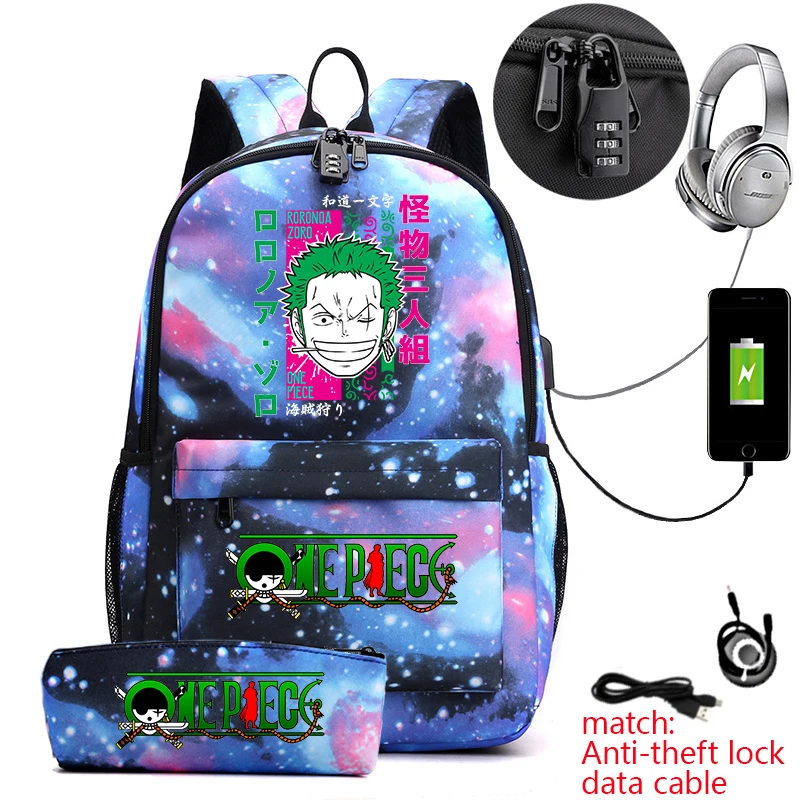 ワンピース-ゾロ-プリント-盗難防止スクールバックパック-学生用ブックバッグ-ペンケース付き-子供用-ティーン向け