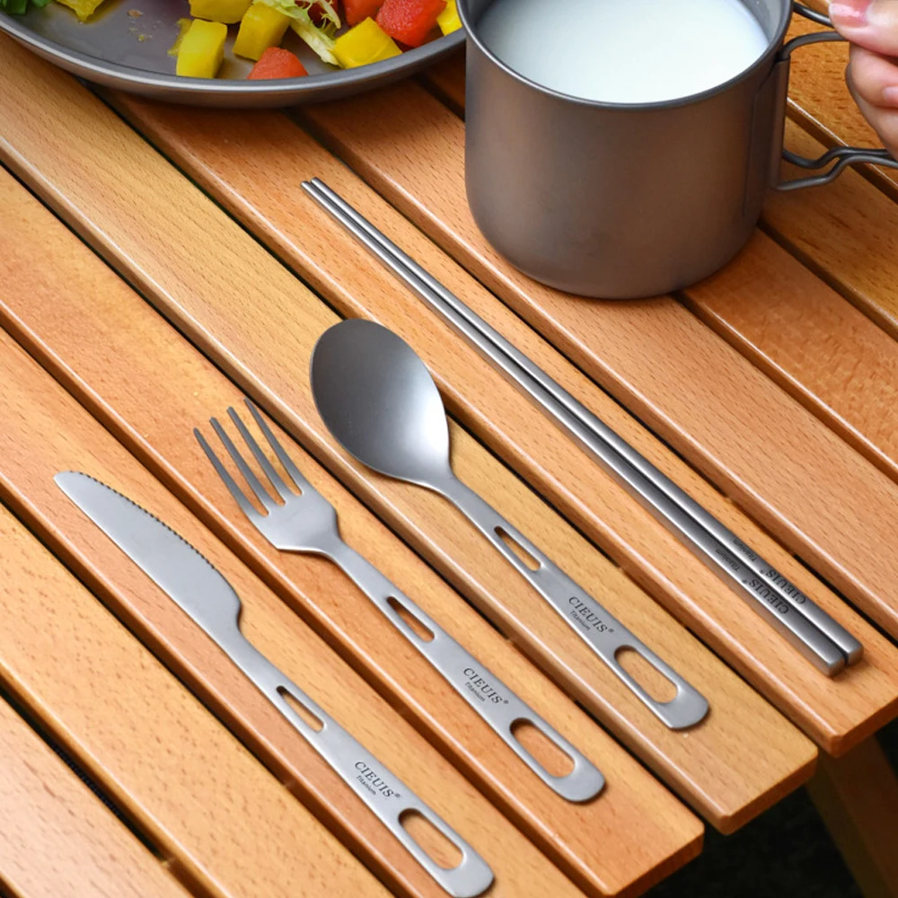 Pure Titanium Dining Fork Spoon,Ultra Light,Double Hole,Outdoor,Portable Tableware,Camping Picnics,Home,A987