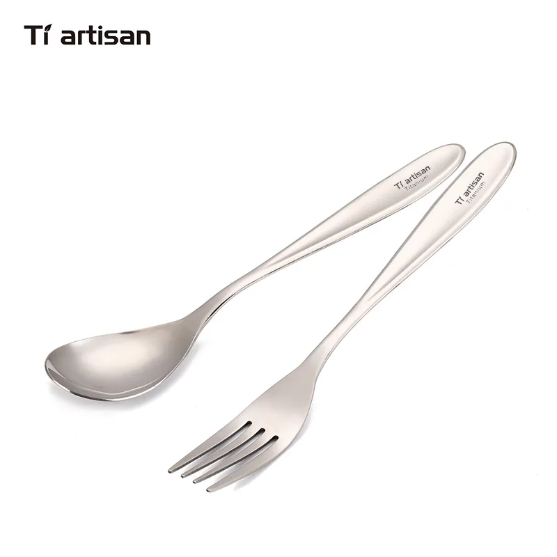 

Tiartisan Pure Titanium Polished Spoon Fork Cutlery Set Lightweight Dinner Cutlery Outdoor Tableware