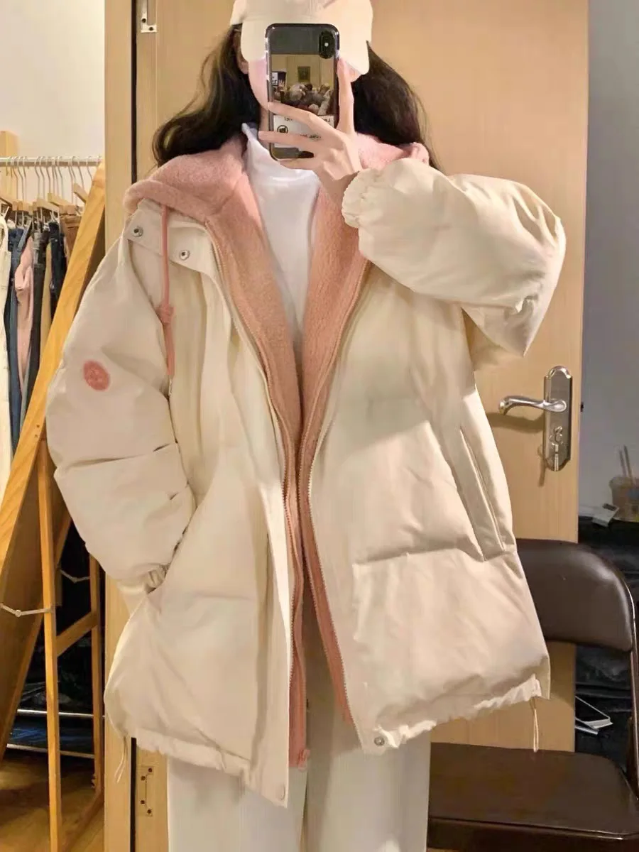 Nep twee donsjassen herfst winter nieuwe Koreaanse stijl kleur geblokkeerd losse jas dikke pluche modieuze katoenen jas met capuchon