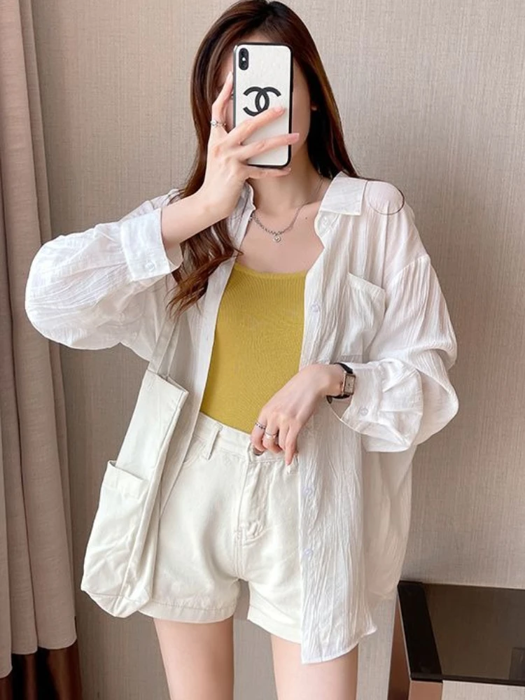 Camisas de protección solar de verano para Mujer, Blusas holgadas de estilo coreano finas que combinan con todo, Color puro, Blusas simples y elegantes para Mujer, Blusas informales elegantes