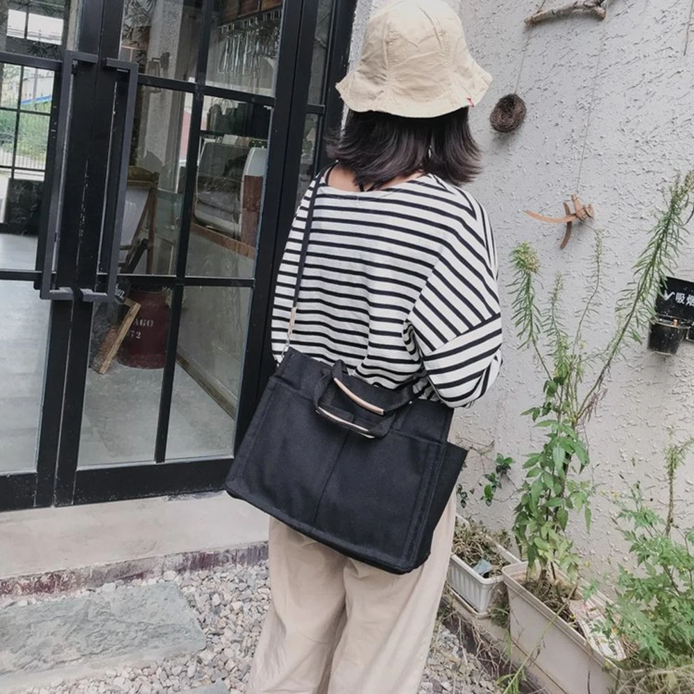 Fashion Canvas Bag for Women Large Capacity Tote Bag Solid Color Shoulder Bags Black White Shopping Bag Ladies Crossbody Bags