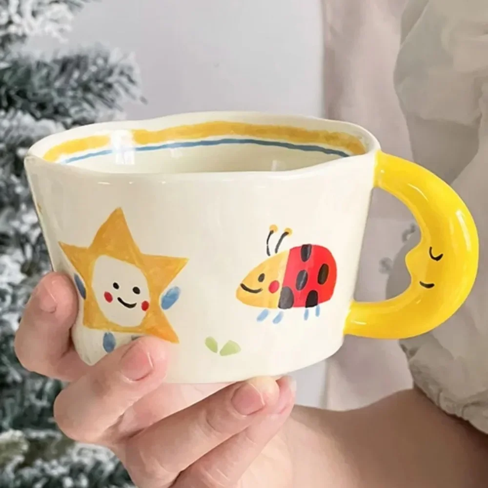 300ML Korean Style Cute Hand-painted Handle Mug Personalized Good-looking Ceramic Cup Couple Mug for Birthday Gift