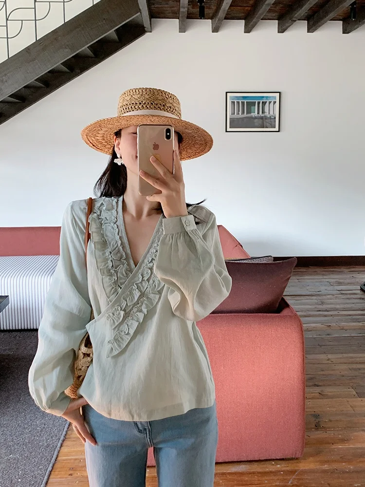 

Льняная рубашка JinSuYi с пуговицами, тонкая, с длинным рукавом, V-образным вырезом, летняя, модная, женская, повседневная, свободного кроя, приятная к телу, дышащая.