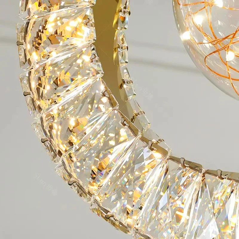 REVEN Customizable size Dimmable Pendant Lamp ring crystal Luster Chandelier Fishing line style for bedroom Home interior decor