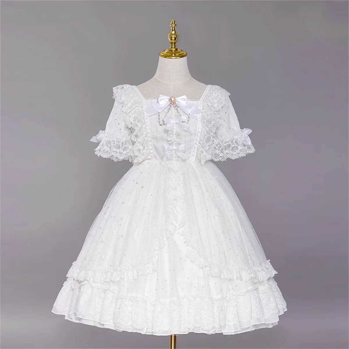 Francese romantico dolce stile Cosplay Lolita Op elegante ragazza Tea Party fiaba fantasia stella maglia pizzo arruffato manica a sbuffo vestito