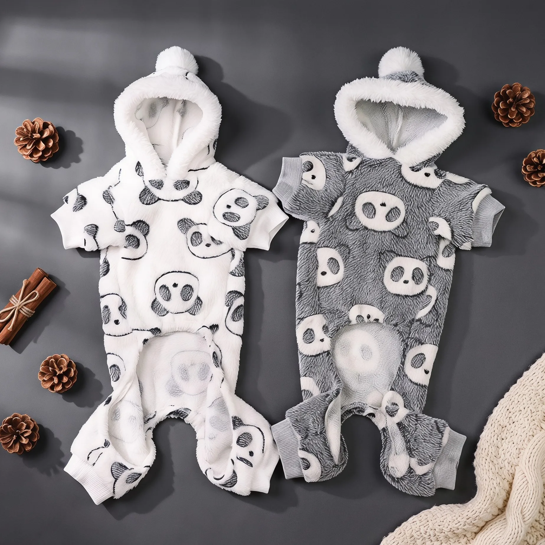 Hundeanzug mit Kapuze und vier Beinen, Plüschballmütze mit Panda-Motiv, weicher und bequemer, dicker Herbst- und Winter-Pyjama. – Detail 2