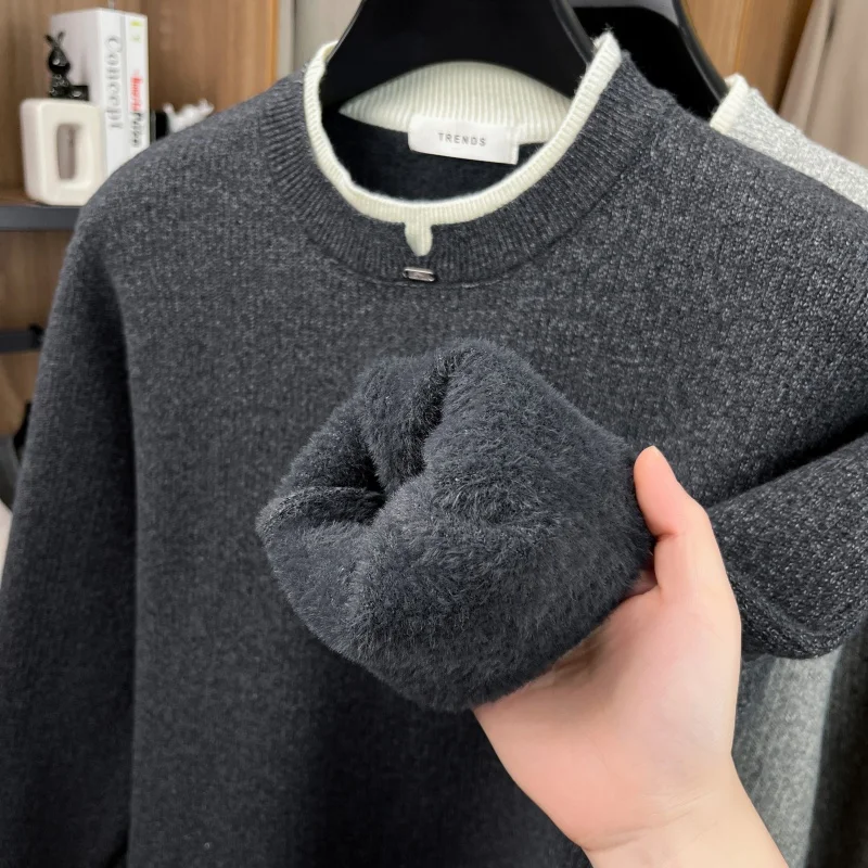 الرجال الخريف جودة عالية طويلة الأكمام سترة الجولة الرقبة نموذج جديد متماسكة كاذبة قطعتين الأعمال الترفيه الاتجاه ملابس للرجال