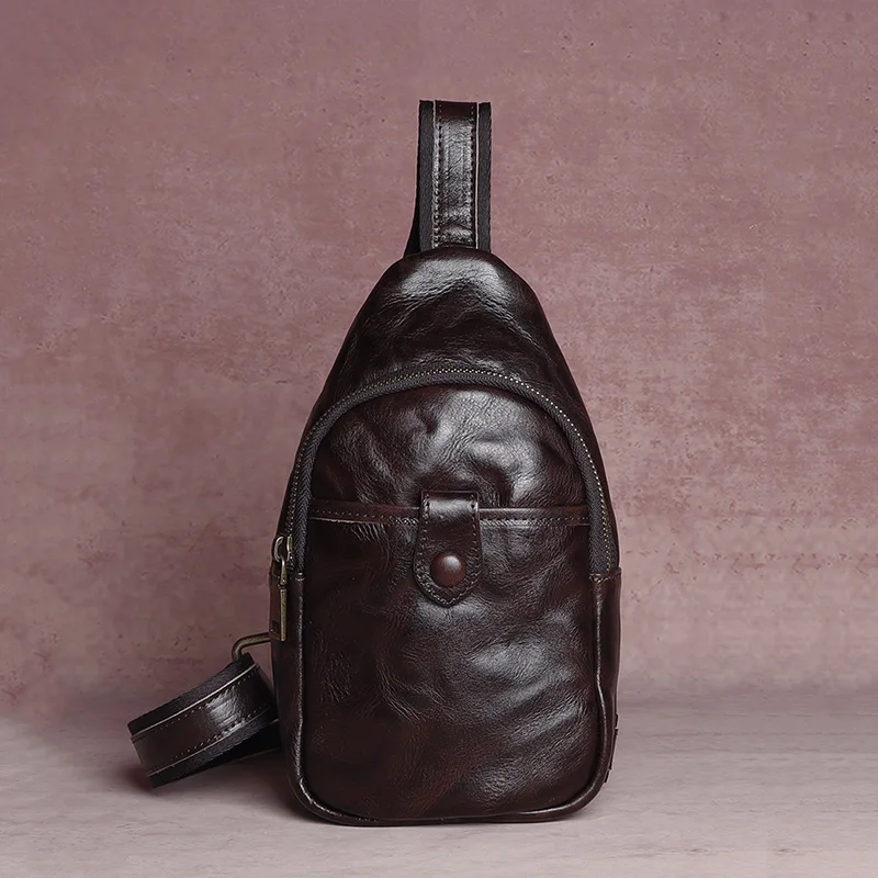 

Genuine Leather Men's Chest Bag Out Casual Shoulder Bag Cowhide Vintage Zipper Chest Bag Fashion Satchel Bag