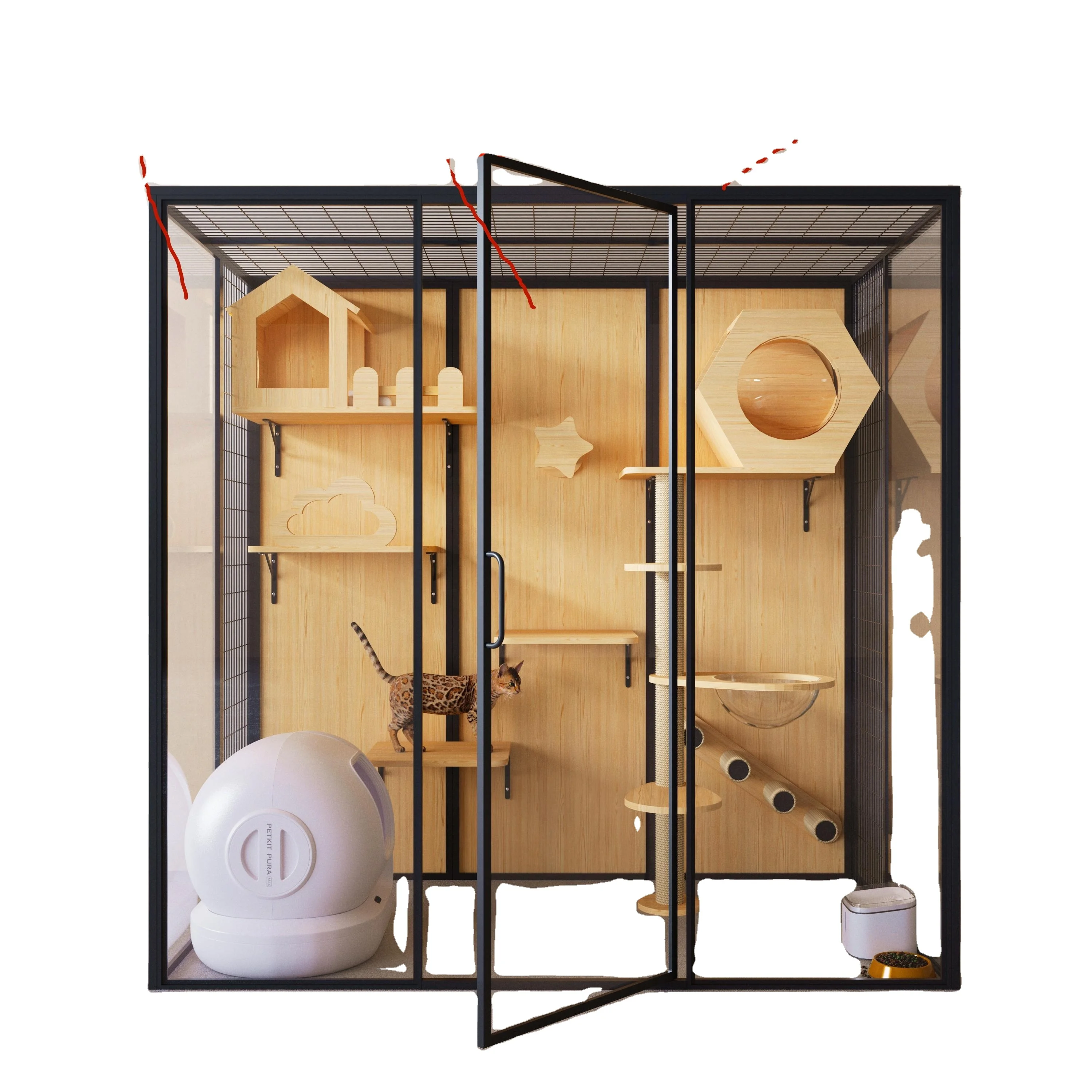 

Customize Tempered Glass Wooden Luxury Displaying Multi-functional Cat Villa Pet House Portable Large Indoor Cat Cage