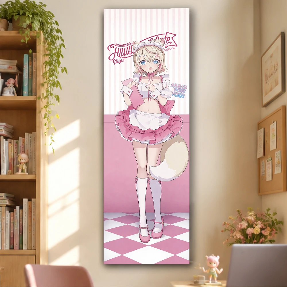 Blonde Fox Ear Tail Anime Girl Pink Frilly Maid Dress Pink White Checkerboard Floor Vertical Tall Tapestry Pastel Girls Room