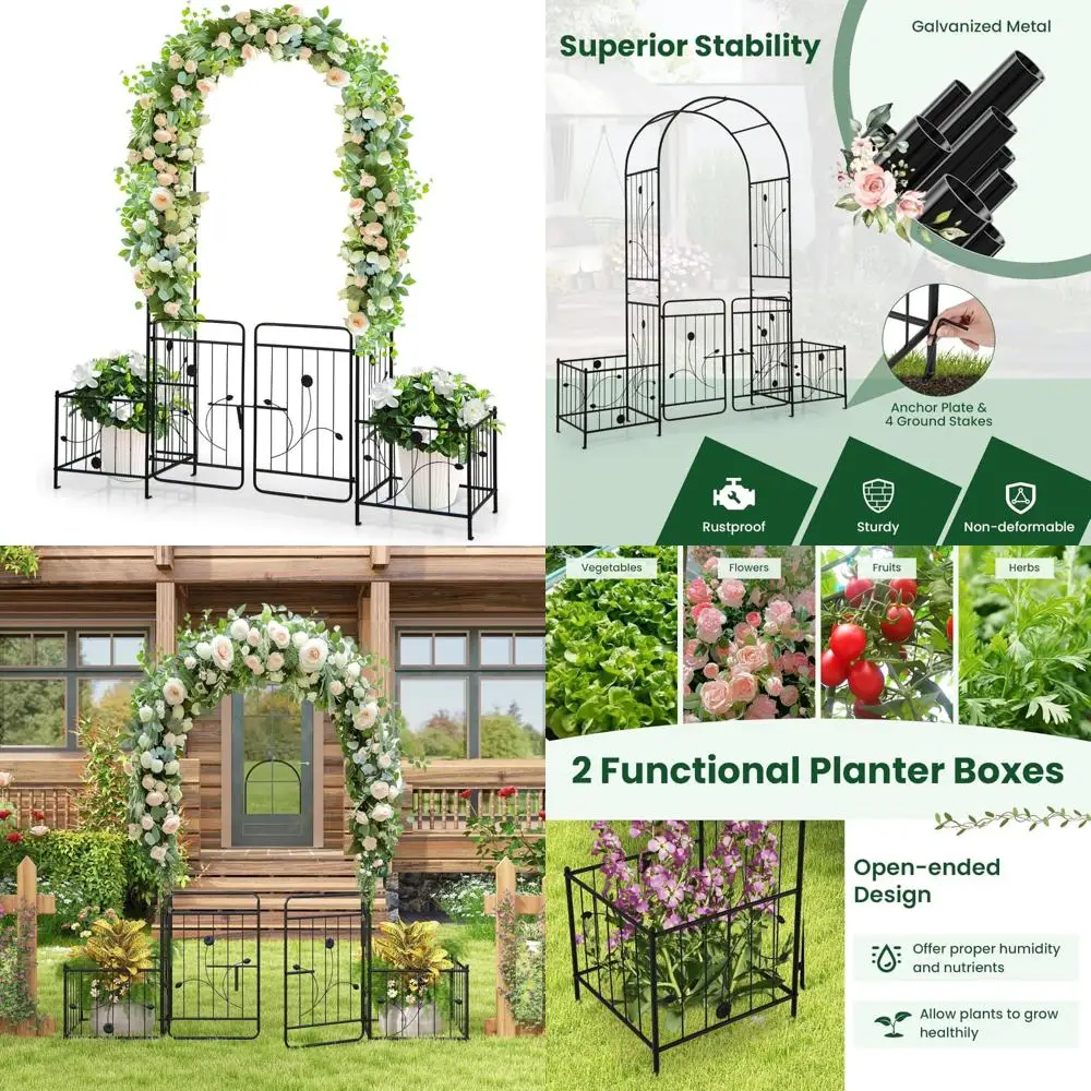 

Happy Grill Garden Arbor: 87-Inch Metal Archway Pergola with Lockable Gate and 2 Side Planters for Climbing Plants, Roses, Vines
