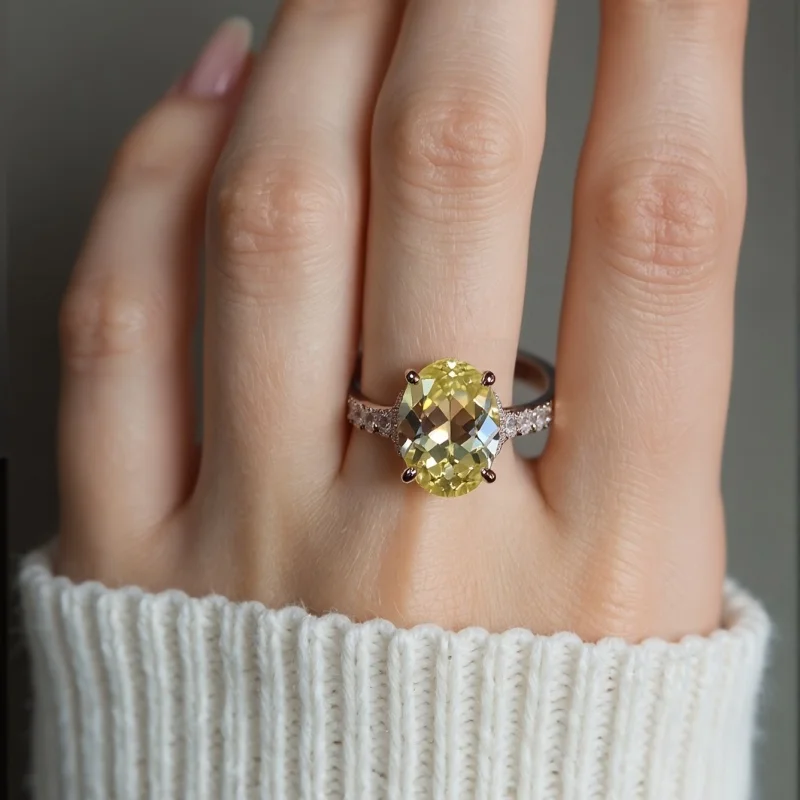 SGARIT Luxury Oval Natural Crystal Ring for Women 925 Sterling Silver Lemon Wedding Ring Engagement Jewelry