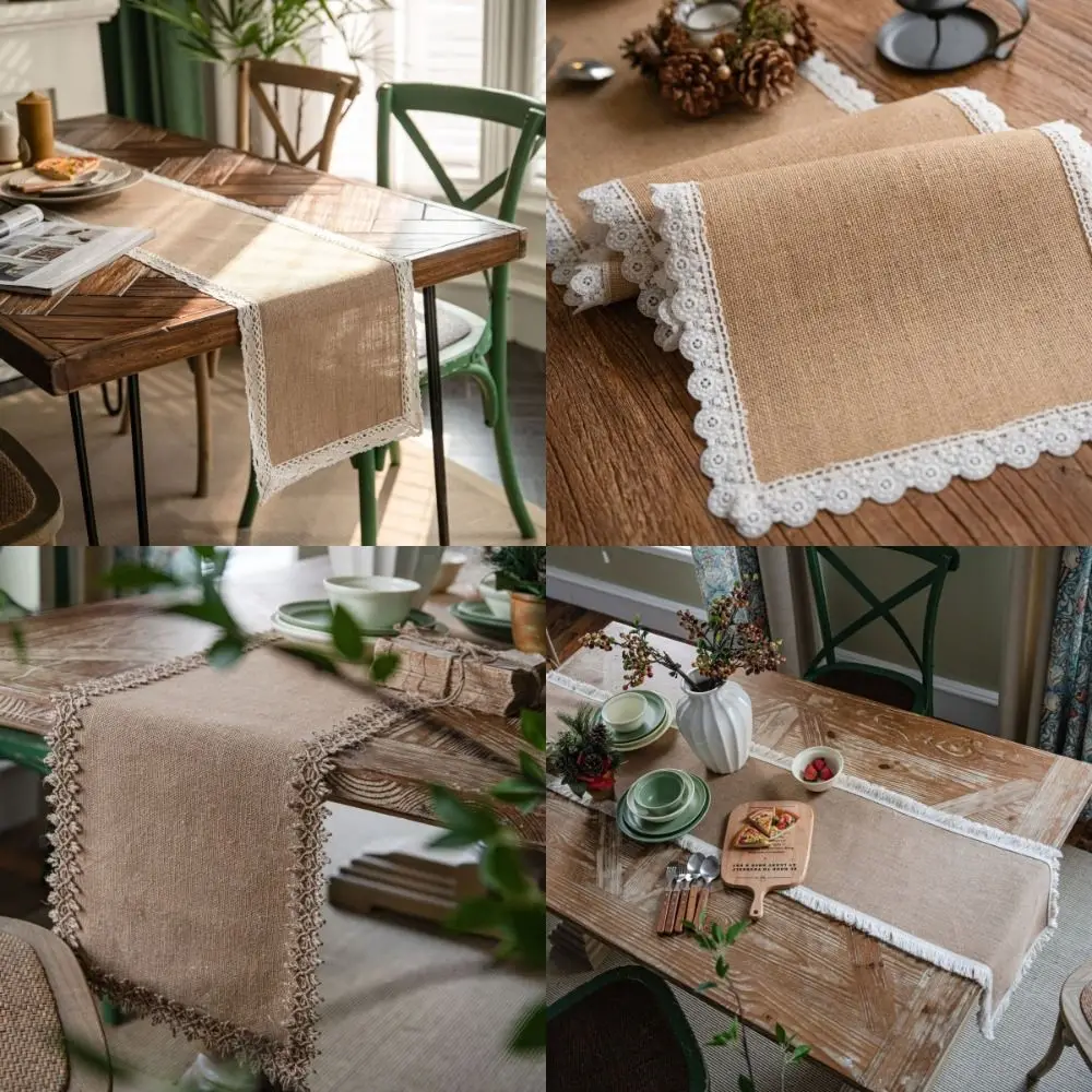 Jute Jute Table Runner Macrame Edges Woven Texture Macrame Table Runner Lace Trim 30x180CM Machine Wash or Brush
