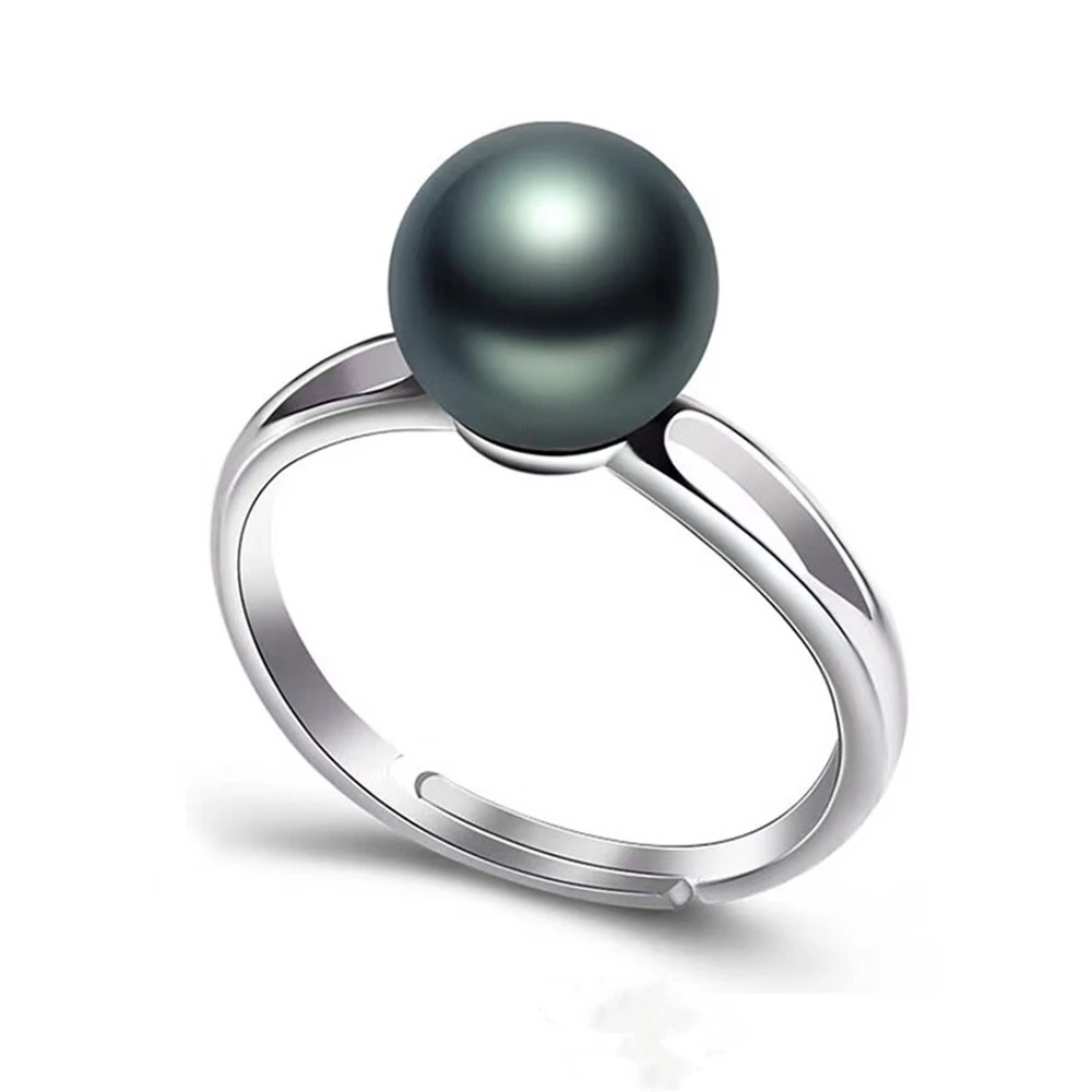 

S925 Sterling Silver Imitation Tahitian Dark Green Pearl Open Adjustable Ring Women's Minimalist Versatile Jewelry