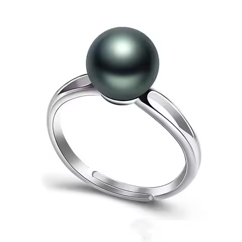 S925 Sterling Silver Imitation Tahitian Dark Green Pearl Open Adjustable Ring Women's Minimalist Versatile Jewelry