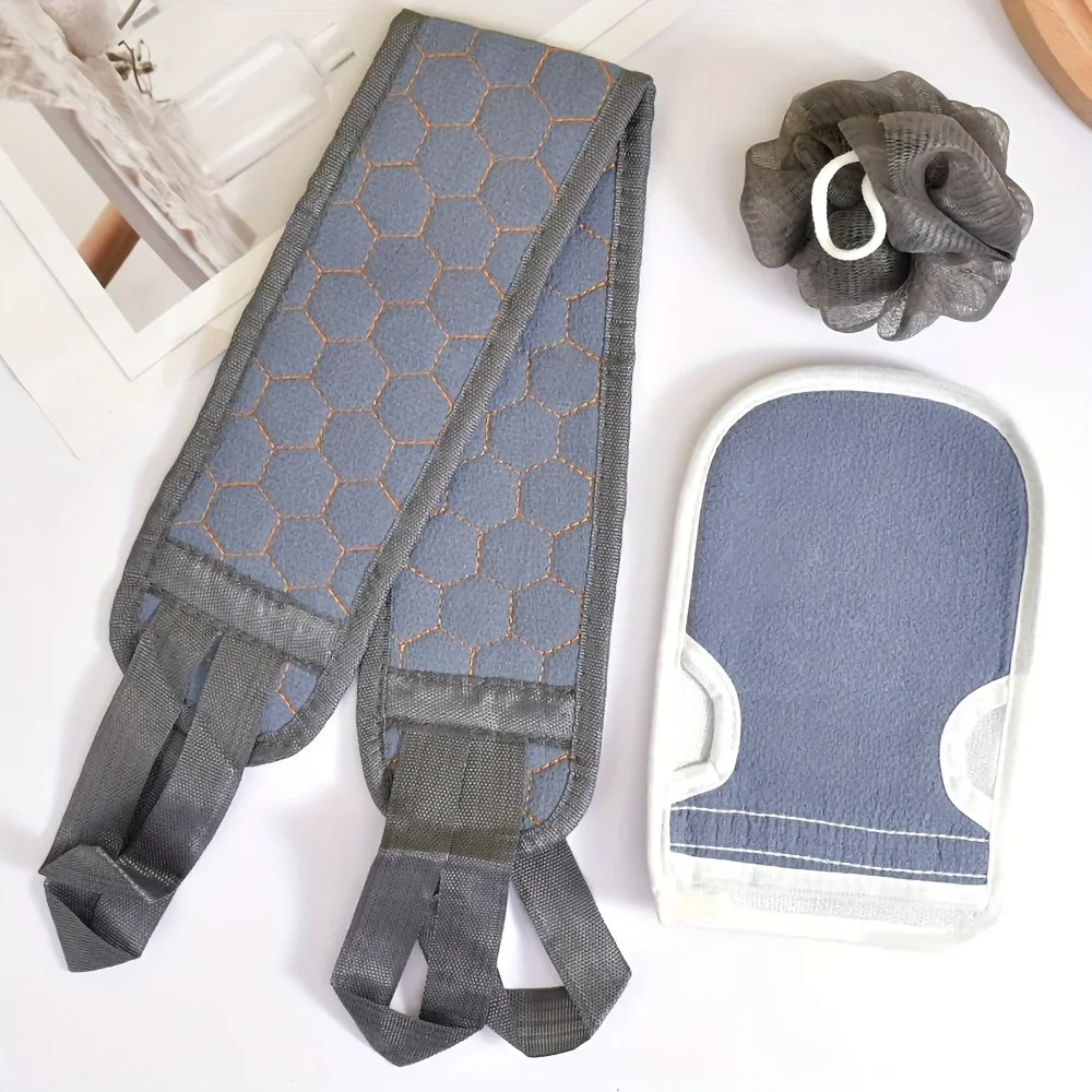 Bath Scrubber Set 3PCS Thick Exfoliating Towel with Back Strap for Deep Cleaning and Dead Skin Removal