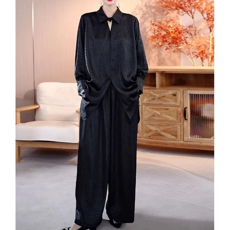 

High-end Luxury Satin Women Set Spring Autumn Long Sleeve Shirt Straight Pant Two-piece Suits Loose Large Size Female Outfit 6XL