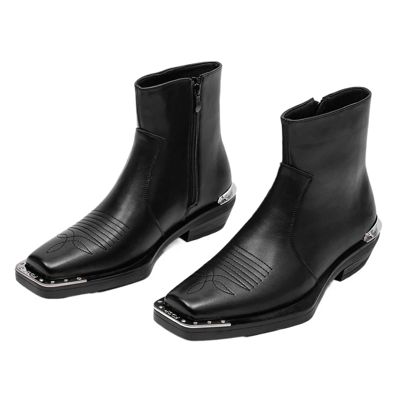New Men's Iron Toe Heeled Chelsea Boots Square Toe Side Zipper Ankle Boots