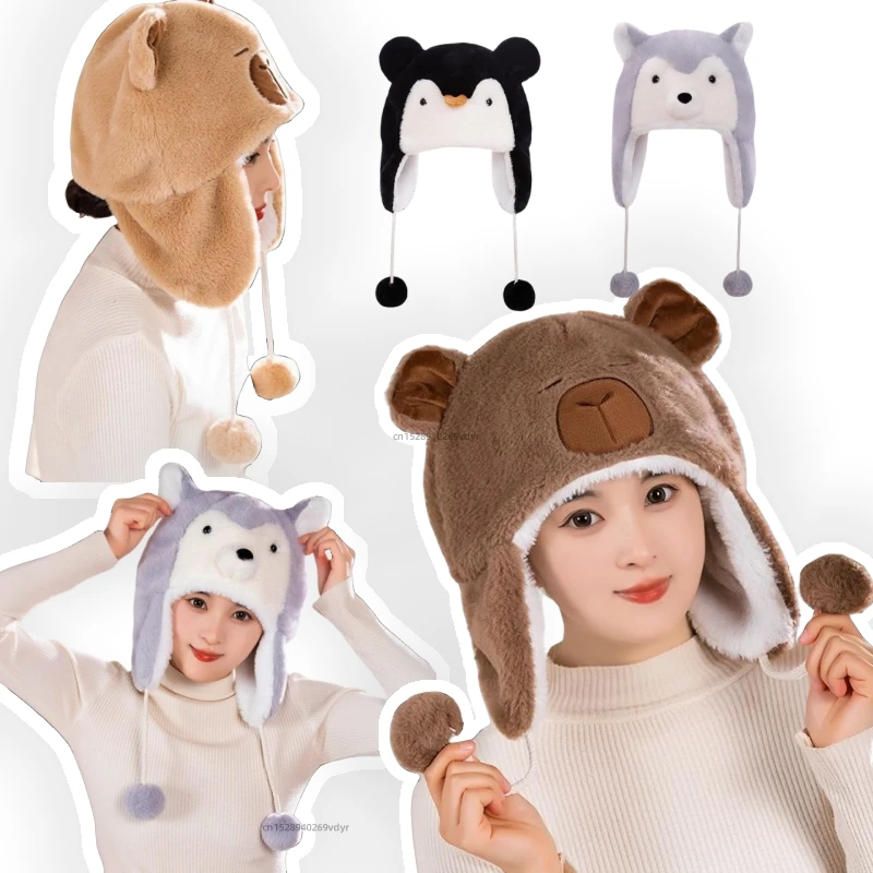Tiere Capybara Pinguin Plüschmütze zum Radfahren Warme Familie und Freunde Cartoon Husky Mütze Weihnachtsgeschenke für die Winterferien