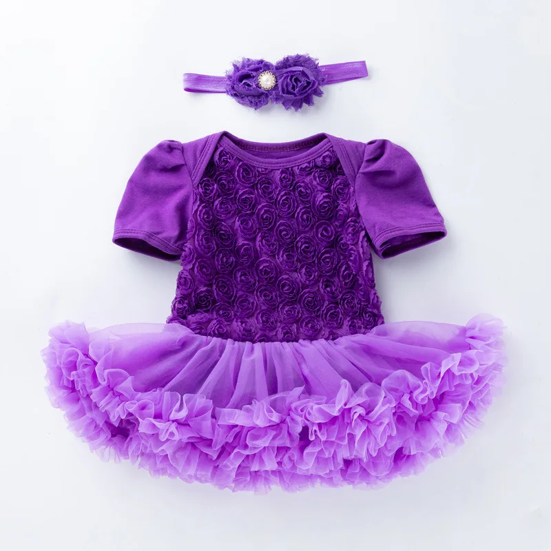 2025 신상 여아 휴일 바디수트 드레스 슈트 반팔 복합 로즈 공주 키즈 롬퍼 드레스+헤어밴드 투피스 세트