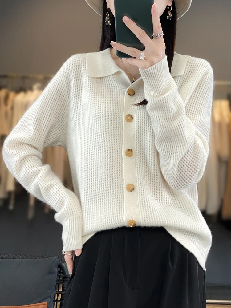 Addonee Women\'s Autumn Clothing Turn-down Collar Cardigan Sweater 100% Merino Wool Hollow Blouse Cashmere Knitwear Korean Style