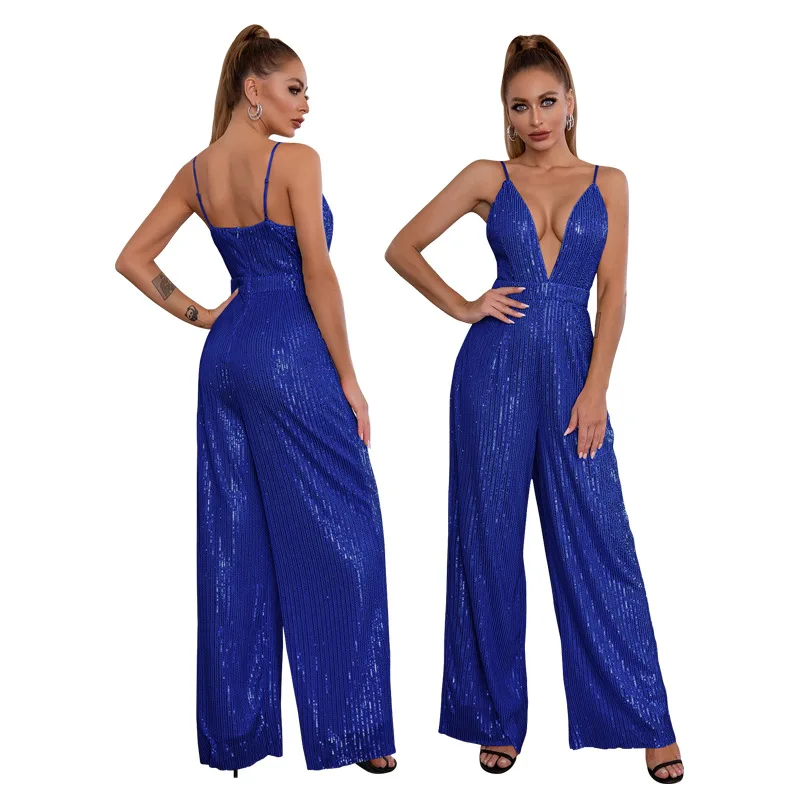 Sexy sequins one piece jumpsuit women spaghetti strap deep v neck club wear jumpsuits