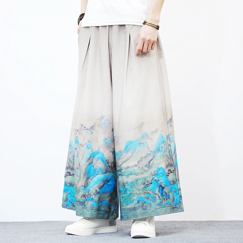 2023 Wide Leg Pants Mens Chinese Style Vintage Man Leisure Trousers Summer Harem Pants Male Hanfu Traditional Print Crane Pants