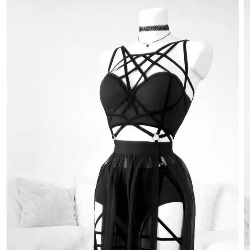 AltGoth Gothic Nightclub Sexy Skirt Set Women See Through Mesh Backless Crop Tops Emo Alt Punk High Waist Underpants Skirt 3pcs