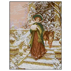 Amishop Gold Collection conted Cross Stitch Kit Lady And Dog Winter Walk Girl In Hat nevicata 30310