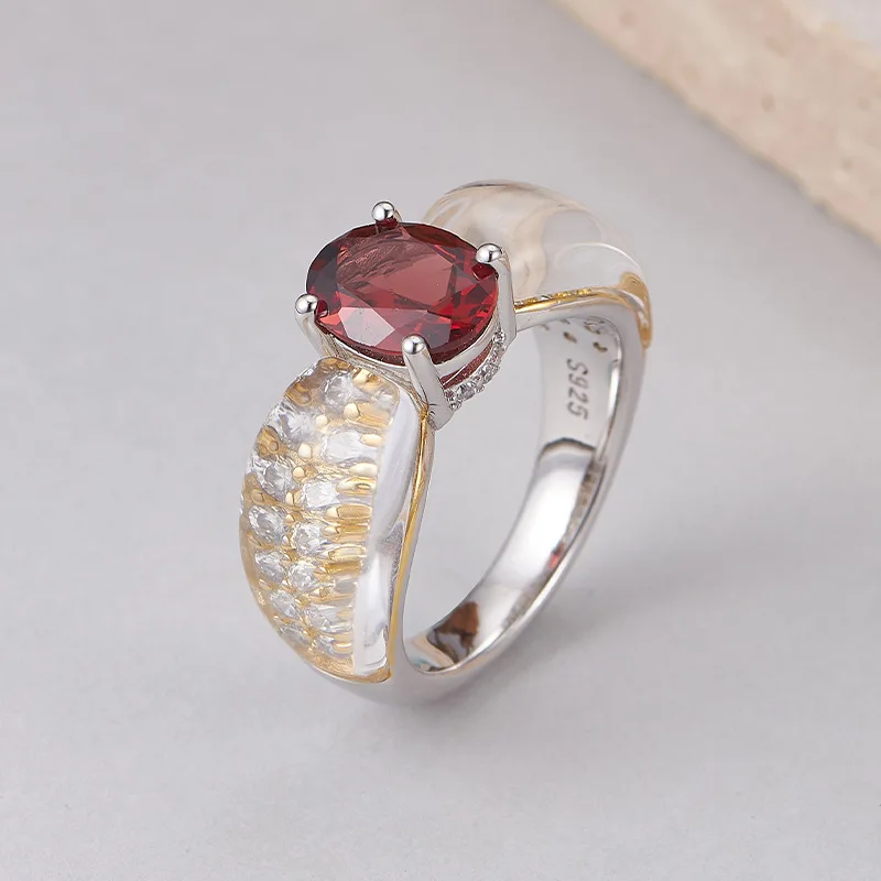 Classic Luxury 925 Sterling Silver Two Tone Red Garnet White Crystal Open Rings For Women Zircon Chic Shiny Ring 2024 New Gift