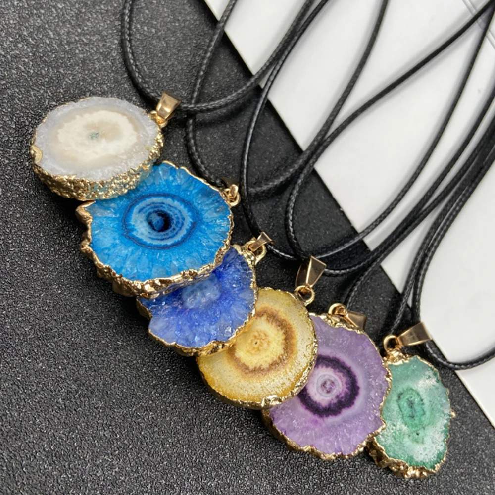 Natural Agate Slice Druzy Necklace Round Quartz Geode with Gold Plated Edge Pendant Charms Jewelry Making for Women