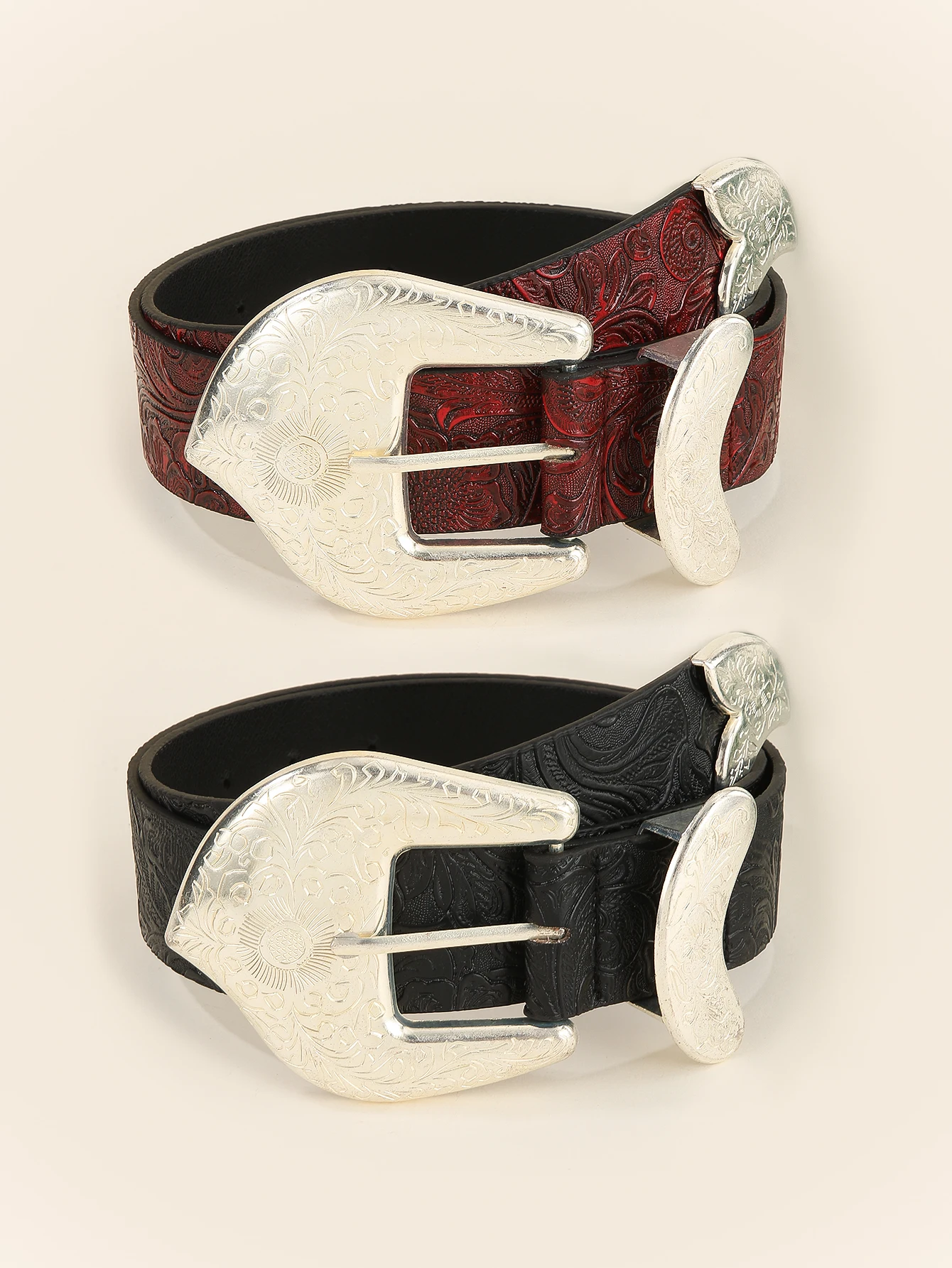 1pcs women's light luxury elegant casual wine red black carved flower metal buckle random irregular flower embossed belt