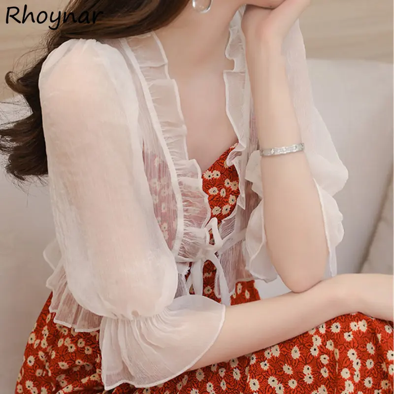 Ruffles Blouses Women Flare Sleeve Elegant Vintage Ultra Thin Summer Sunscreen Temper Designer Pure Lace-up French Stylish Chic