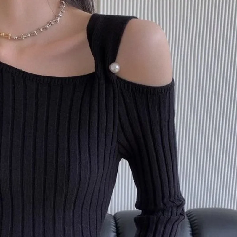 Off Shoulder Knitting Female Autumn Winter New Long Sleeve Trend Slim All-match Strapless Pullovers Women\'s Solid Color Sweater