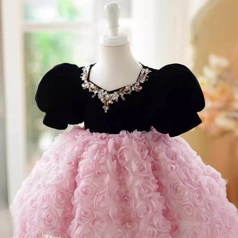 New Girls Elegant Evening Princess Ball Gown Children Cute Bow Beading Puff Sleeve Design Birthday Party Wedding Dress y1239
