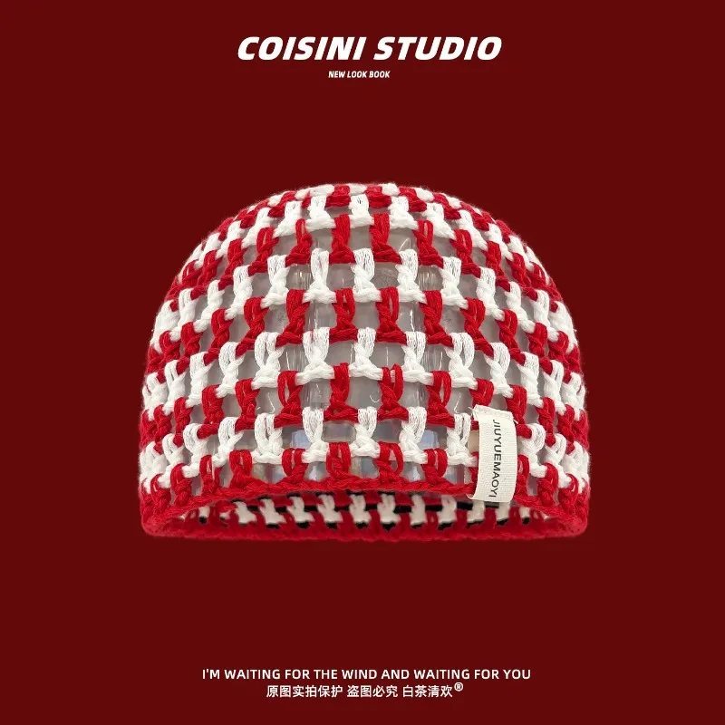 Korean Fashion Colorful Hollow-out Knitted Beanies for Women  Spring and Autumn Travel Leisure Versatile Dopamine Pullover Hat