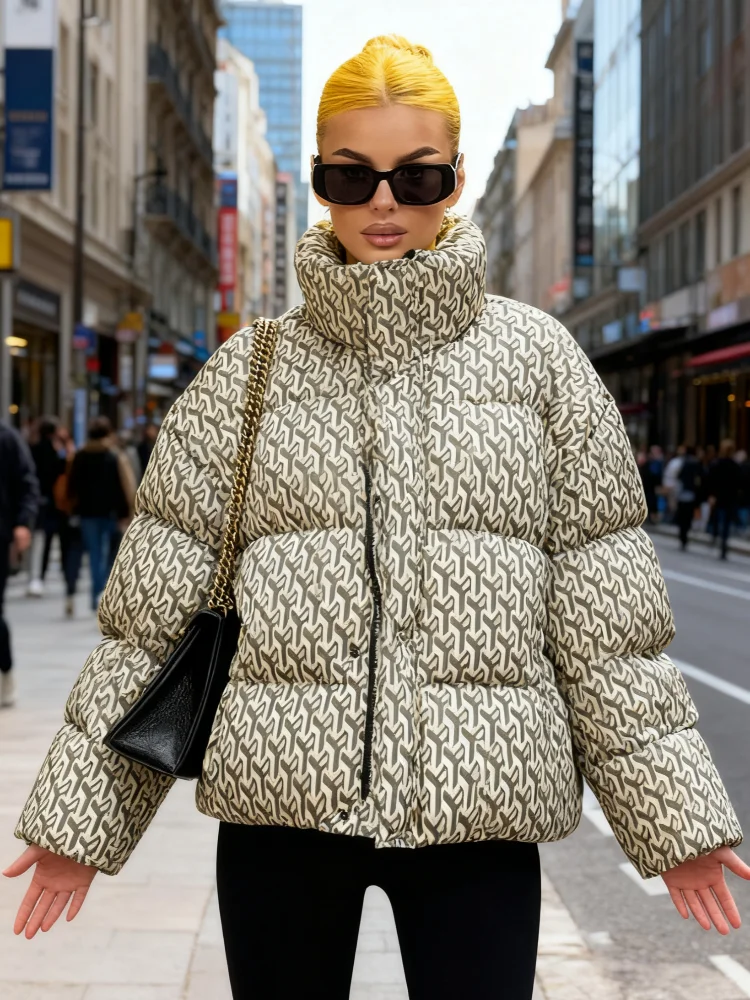 

Printed Cotton Quilted Thicken Coats For Women Zipper Slim Single Breasted Hooded Long Sleeve 2025 Casual Outwear Warm Jacket