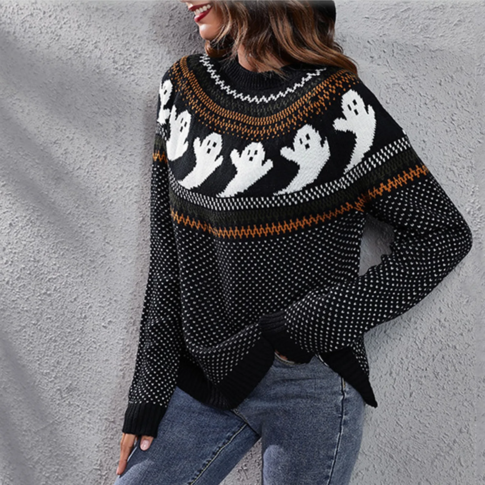 Sweater rajut Halloween wanita, Sweater rajut lucu hantu Retro Polka Dot tren mode Crewneck lengan panjang hangat nyaman