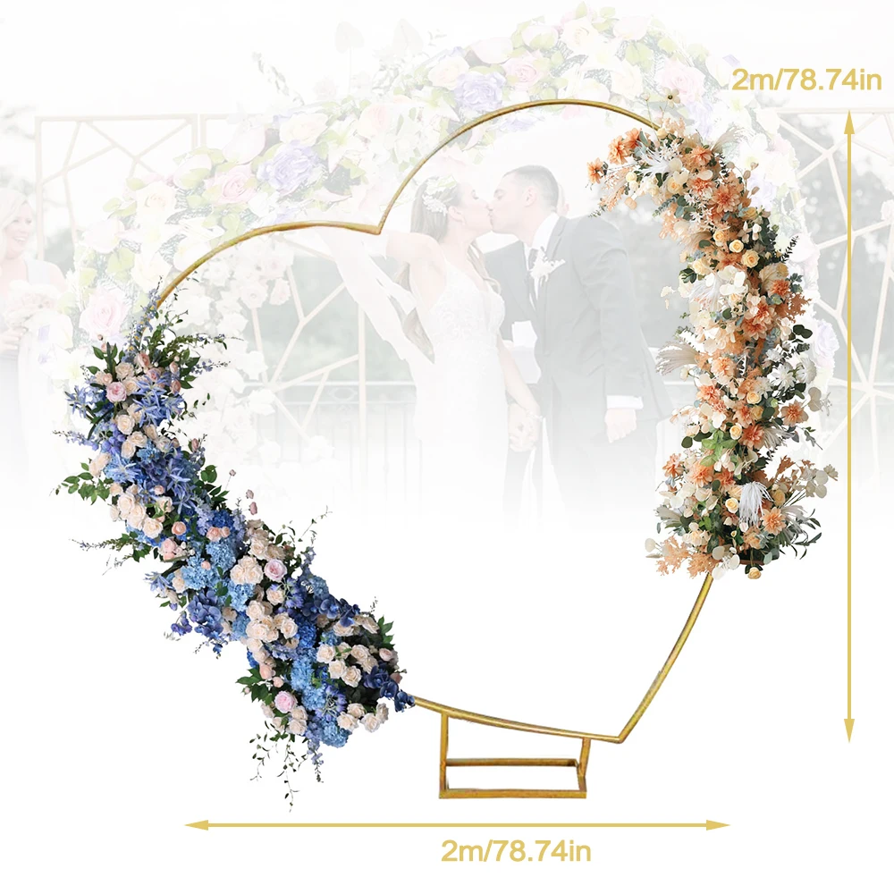 Support d'arche métallique doré de 2 m, cadre de toile de fond de mariage en forme de cœur incliné, support de ballons réutilisable, décoration pour fête d'anniversaire et remise de diplôme
