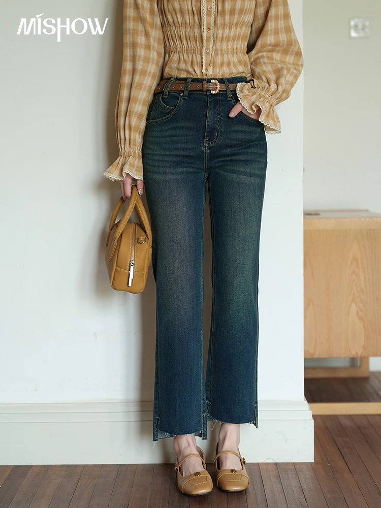 

MISHOW Retro Denim Blue Ankle-Length Pants 2025 Autumn Moustache Effect Asymmetric Pant Legs Versatile Casual Jeans MXE42K1025