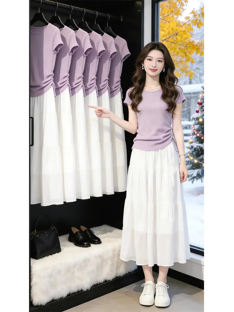 

Slimming T-Shirt High Waist Skirt Set Women's Fashion Casual Wear Summer Collection Waist-Cinching Half-length Two-piece Suit