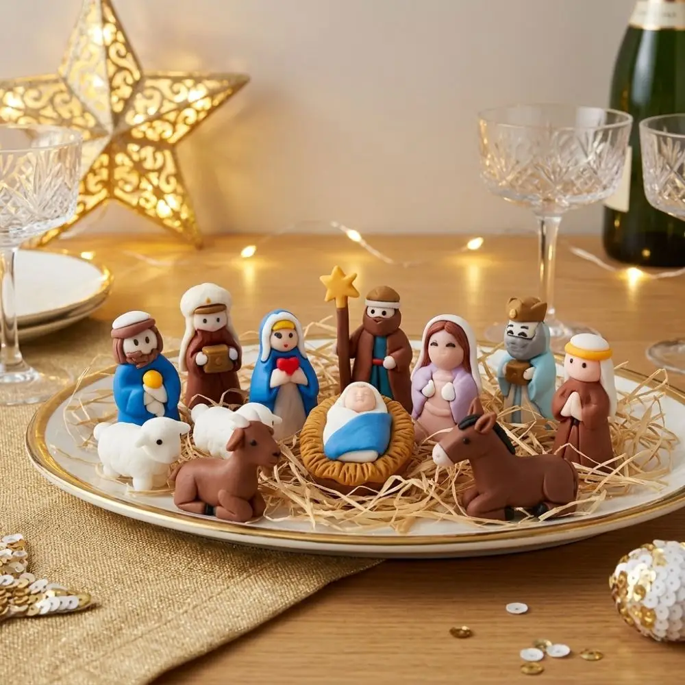 Metal Tin Box Mini Christmas Trough Set Hand Painted Holy Family Nativity Manger Scene Kit Shepherd Animal 3D Printed
