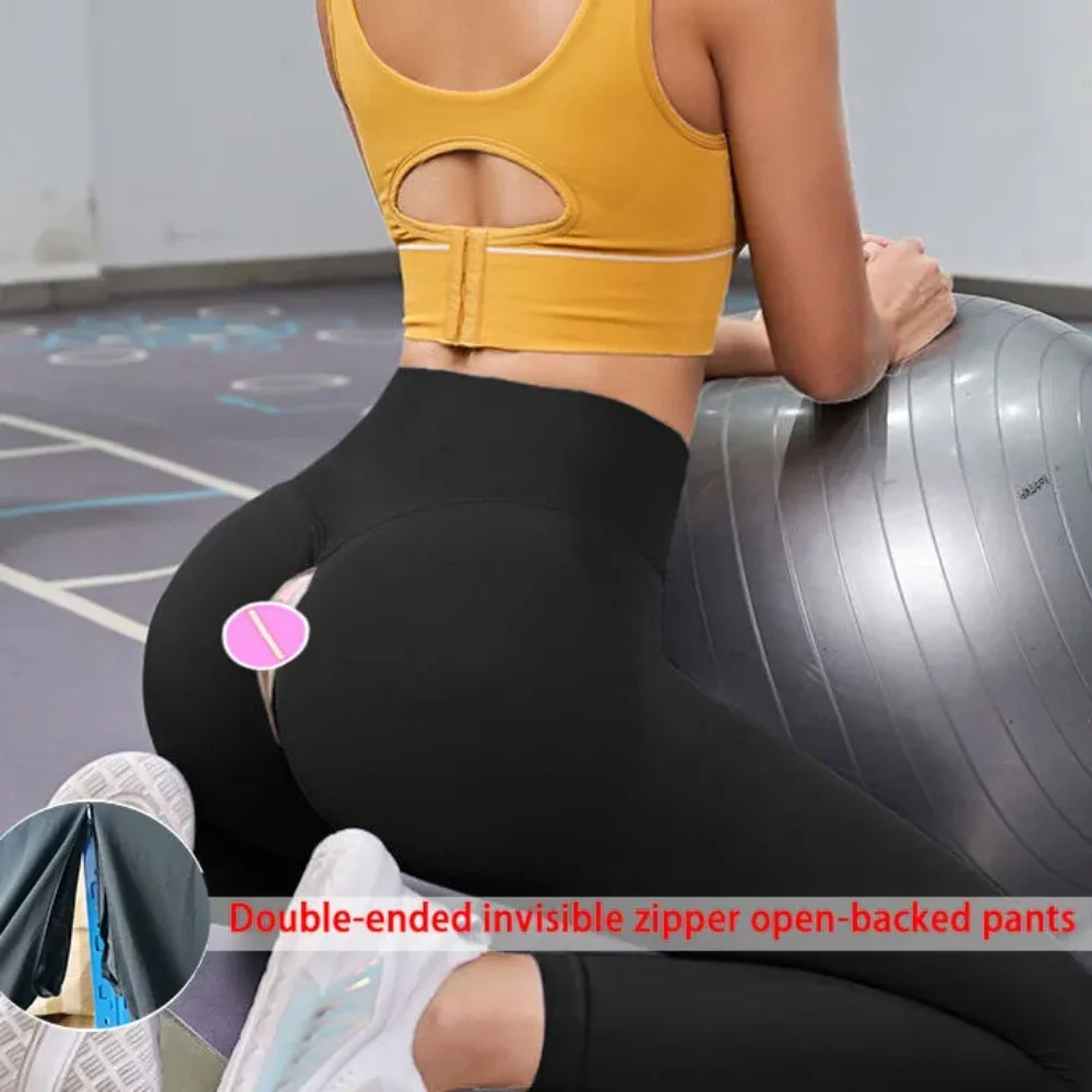 Outdoor Open Crotch Sex Pants, Exotic Hotpants Women Seamless Peach Hip Leggings Push Up Yoga Clothes Couple Casual Streetwear