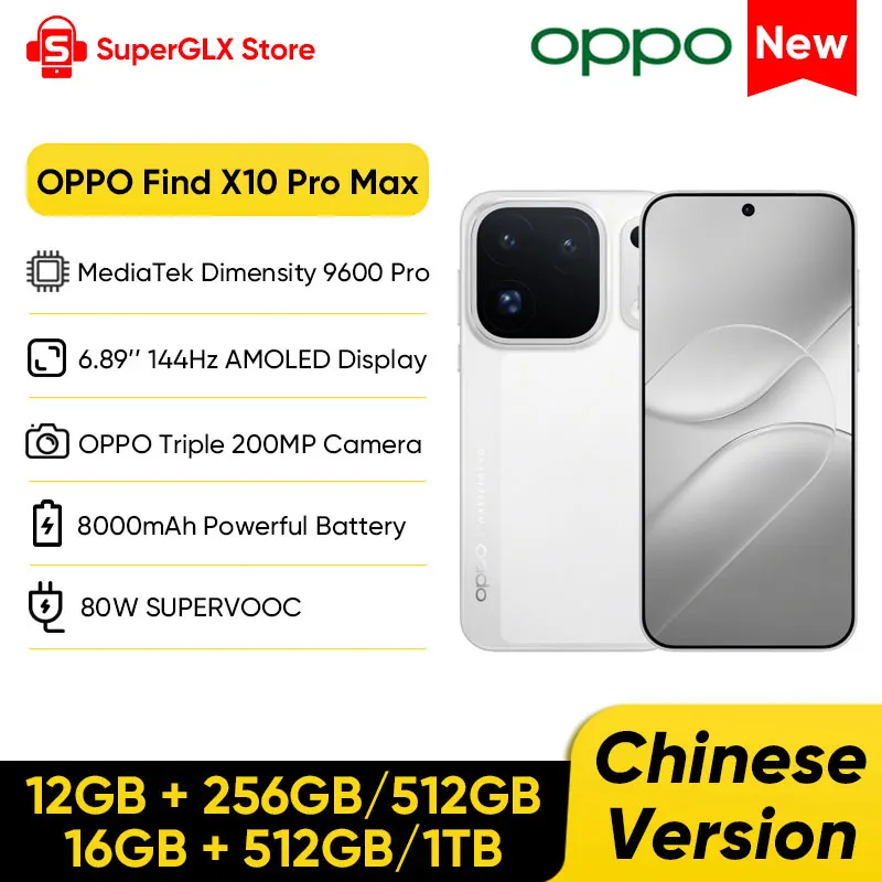 OPPO Find X10 Pro Max Chinese Version 5G Smartphone MediaTek Dimensity 9600 Pro 6.89’’ 144Hz AMOLED Display Triple 200MP Camera