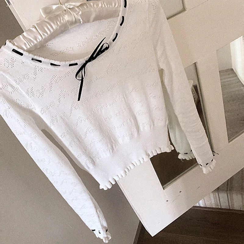 Cute Knitted Tops Tee Women Summer Hollow Out Ribbon o-collo maglietta a maniche lunghe per Sweet Girls Kawaii Clothes